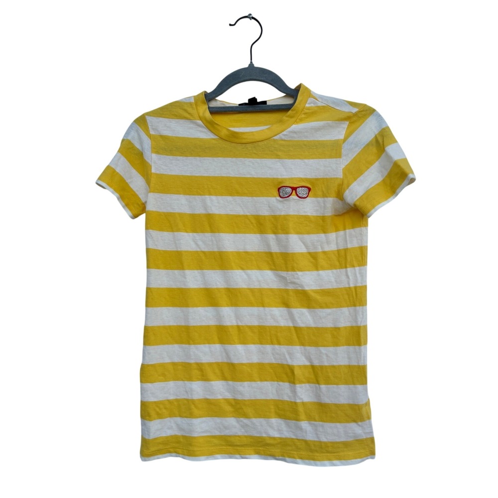 J. Crew Yellow Striped Tee, Glasses Embroidered, Basic, Sz XXS‎